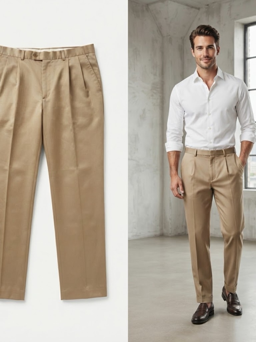 Perry Ellis Men’s Pleated Chinos in Khaki 44/30